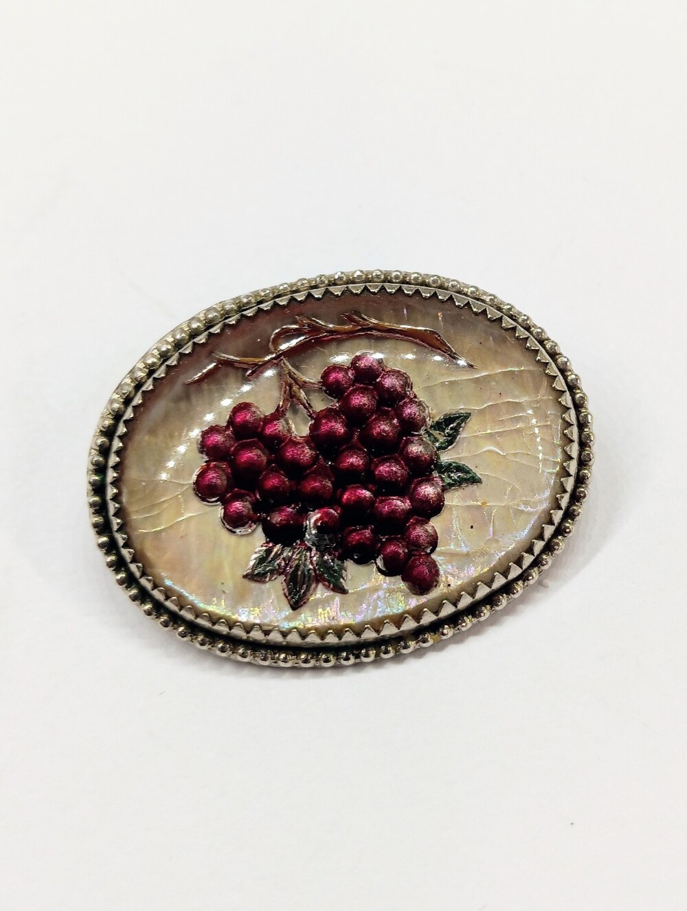 Antique Goofus Glass Grapes Brooch Reverse Painted Glass